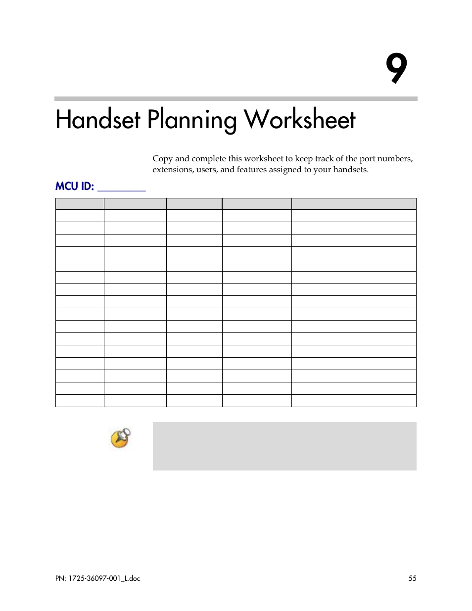 Handset planning worksheet, Mcu id | Polycom SpectraLink SCM408 User Manual | Page 55 / 64