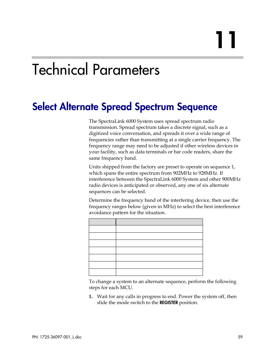 Technical parameters, Select alternate spread spectrum sequence | Polycom SpectraLink SCM408 User Manual | Page 59 / 64