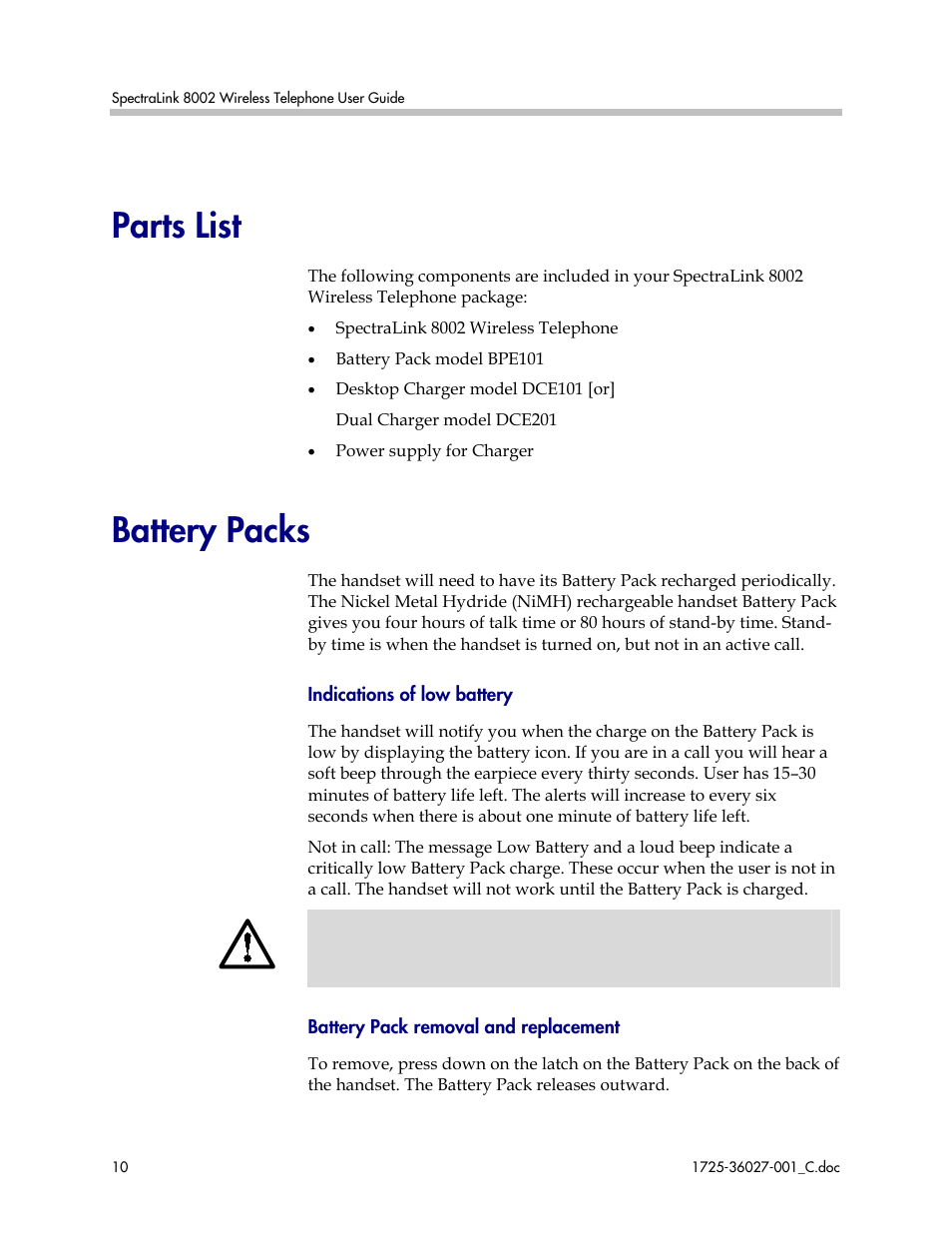 Parts list, Battery packs, Parts list battery packs | Polycom SpectraLink DCE201 User Manual | Page 10 / 53