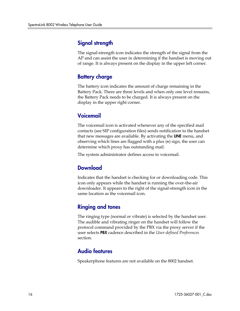 Signal strength, Battery charge, Voicemail | Download, Ringing and tones, Audio features | Polycom SpectraLink DCE201 User Manual | Page 16 / 53