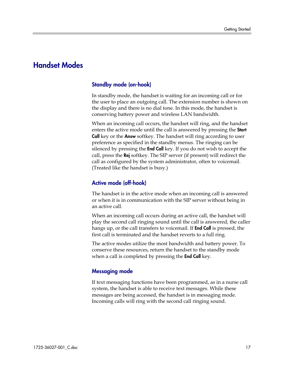 Handset modes | Polycom SpectraLink DCE201 User Manual | Page 17 / 53