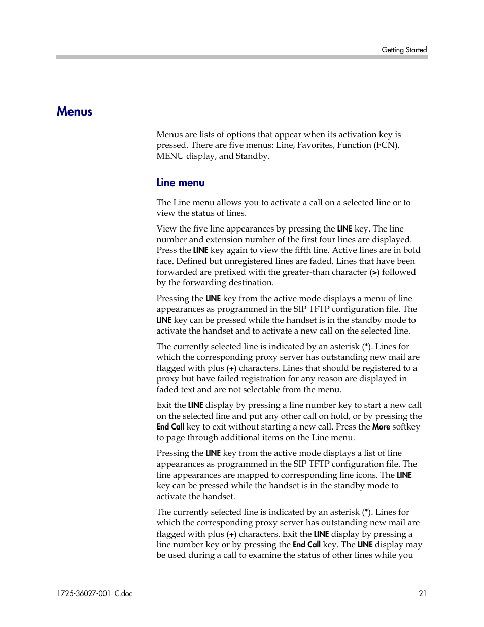 Menus, Line menu | Polycom SpectraLink DCE201 User Manual | Page 21 / 53