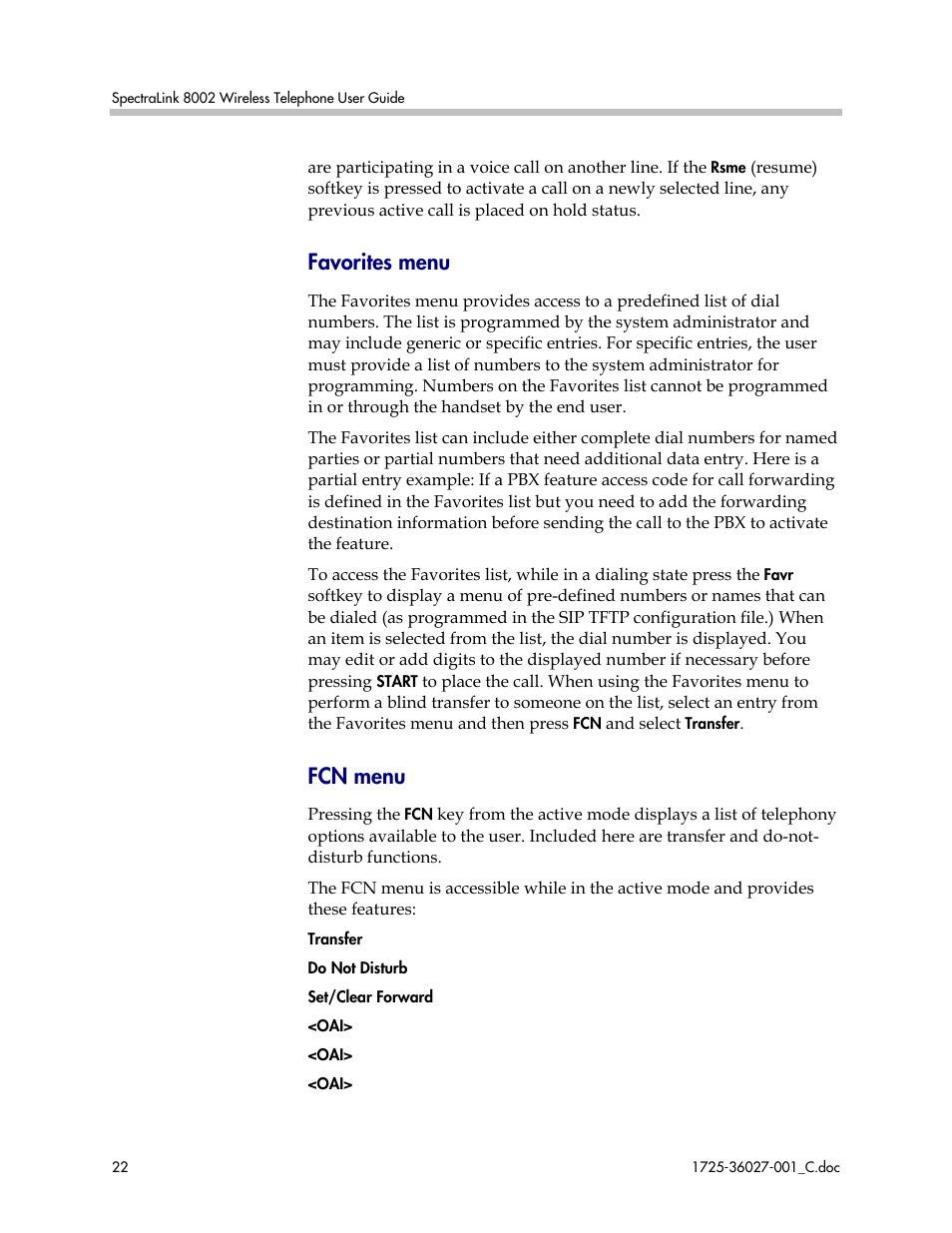 Favorites menu, Fcn menu | Polycom SpectraLink DCE201 User Manual | Page 22 / 53