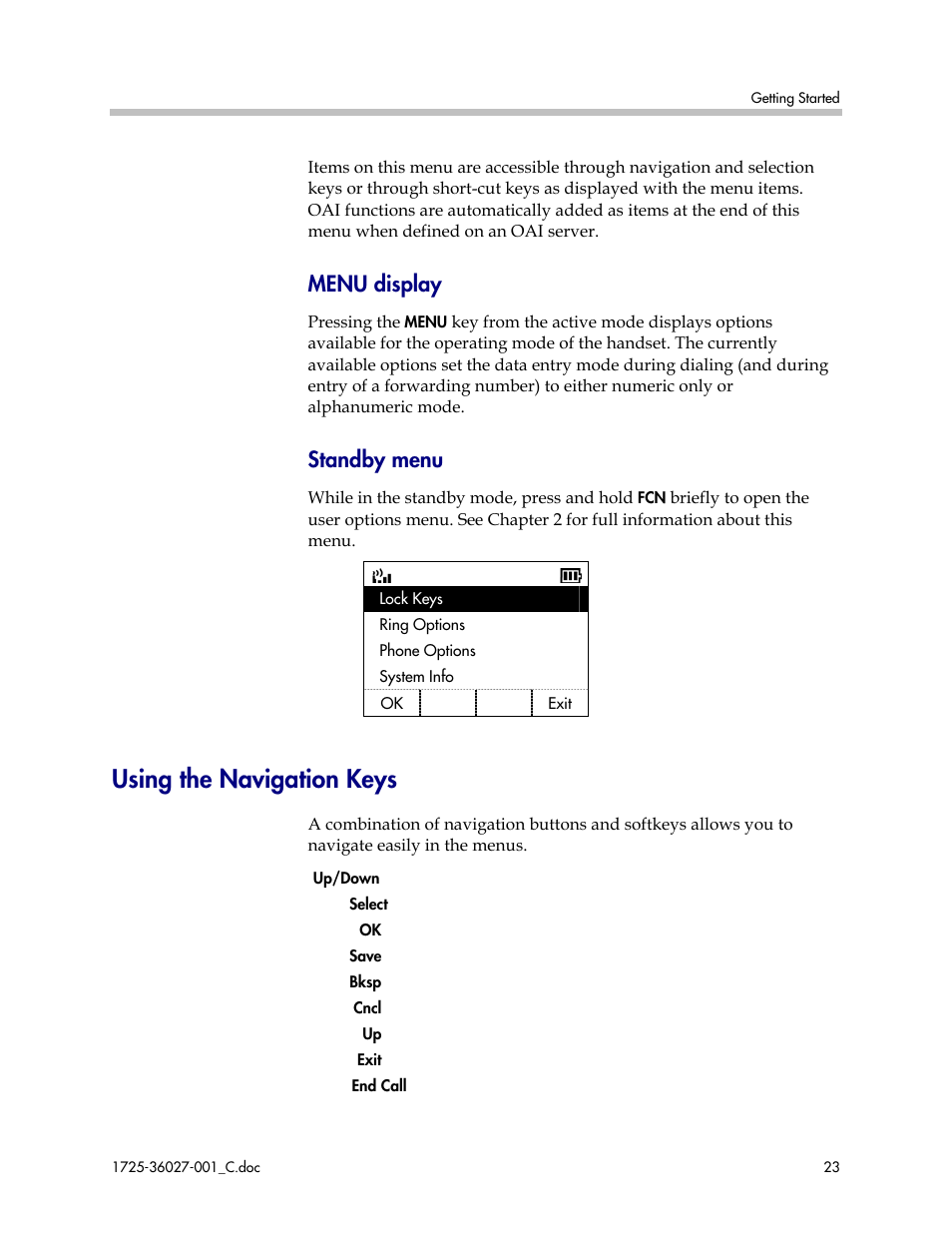 Using the navigation keys, Menu display, Standby menu | Polycom SpectraLink DCE201 User Manual | Page 23 / 53