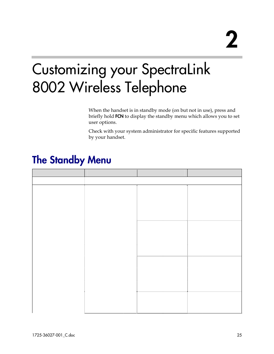 The standby menu | Polycom SpectraLink DCE201 User Manual | Page 25 / 53