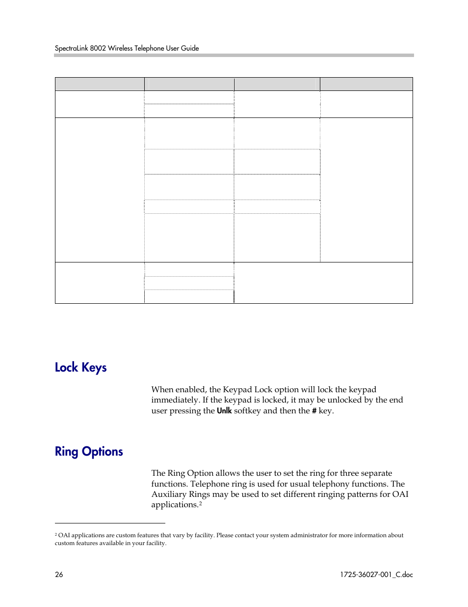 Lock keys, Ring options, Lock keys ring options | Polycom SpectraLink DCE201 User Manual | Page 26 / 53