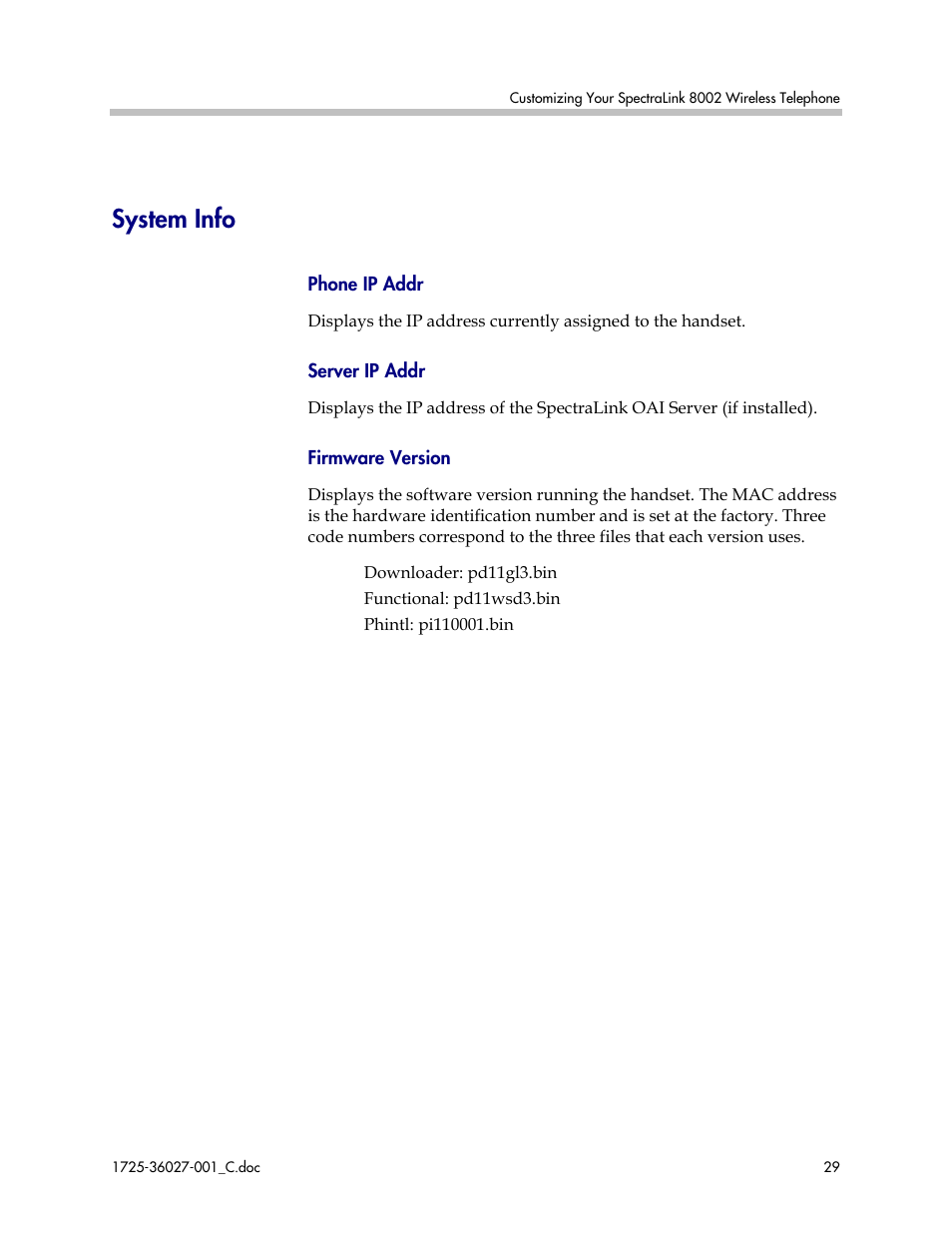 System info | Polycom SpectraLink DCE201 User Manual | Page 29 / 53