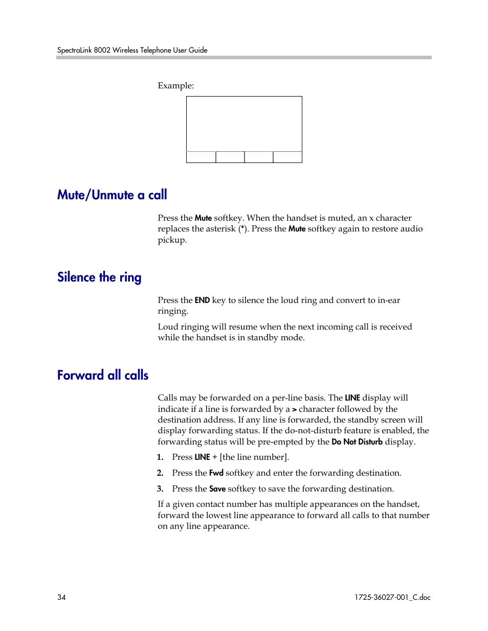 Mute/unmute a call, Silence the ring, Forward all calls | Polycom SpectraLink DCE201 User Manual | Page 34 / 53