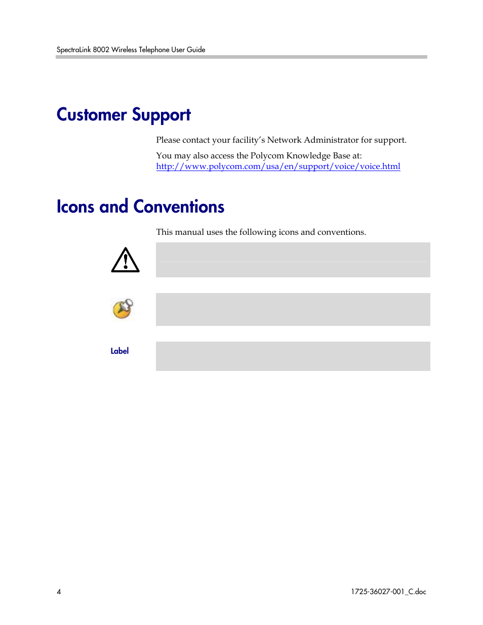 Customer support, Icons and conventions | Polycom SpectraLink DCE201 User Manual | Page 4 / 53