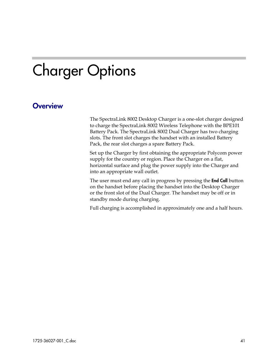 Charger options, Overview | Polycom SpectraLink DCE201 User Manual | Page 41 / 53