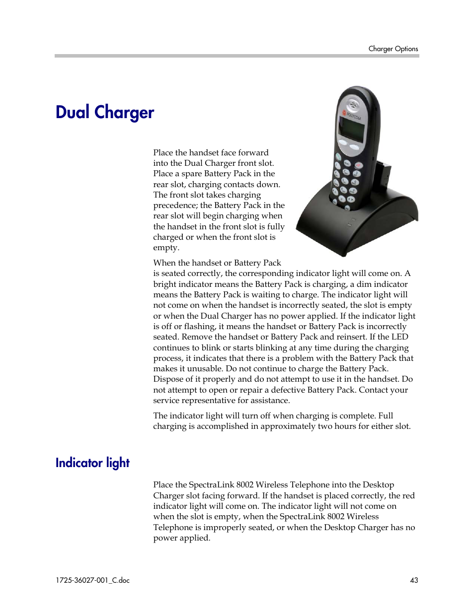 Dual charger, Indicator light | Polycom SpectraLink DCE201 User Manual | Page 43 / 53