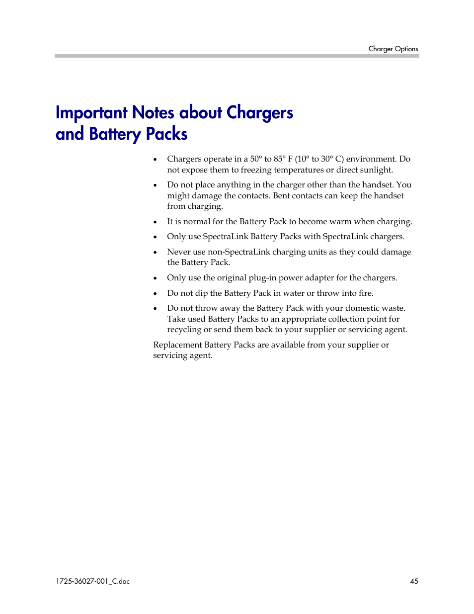 Important notes about chargers and battery packs | Polycom SpectraLink DCE201 User Manual | Page 45 / 53