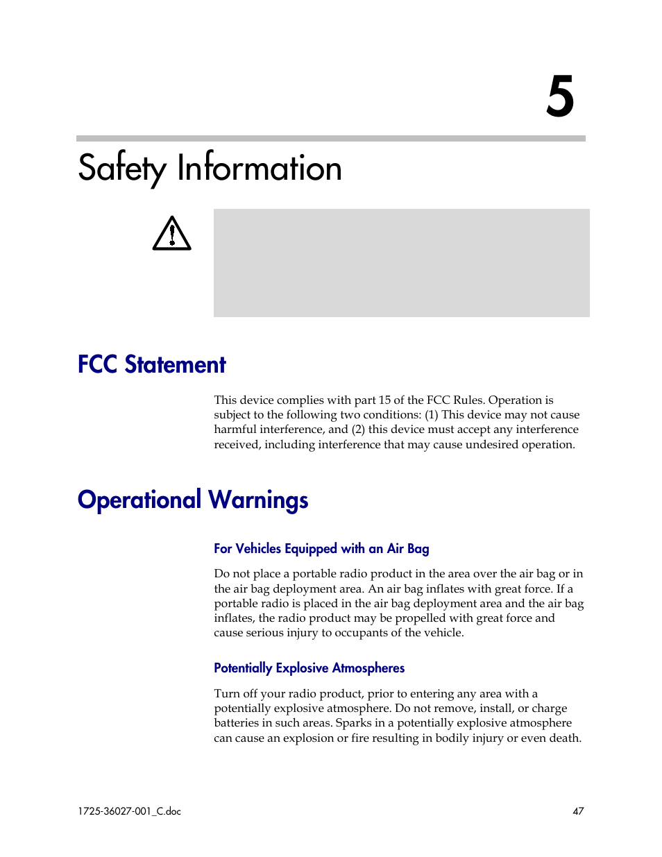 Safety information, Fcc statement, Operational warnings | Fcc statement operational warnings | Polycom SpectraLink DCE201 User Manual | Page 47 / 53