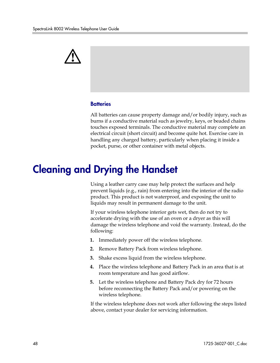 Cleaning and drying the handset | Polycom SpectraLink DCE201 User Manual | Page 48 / 53