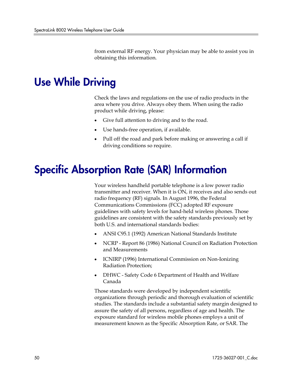 Use while driving, Specific absorption rate (sar) information | Polycom SpectraLink DCE201 User Manual | Page 50 / 53