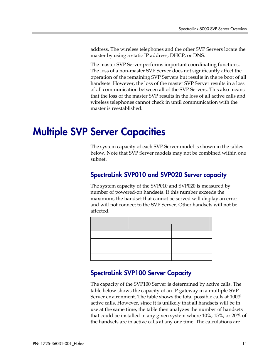 Multiple svp server capacities, Spectralink svp100 server capacity | Polycom SVP010 User Manual | Page 11 / 51