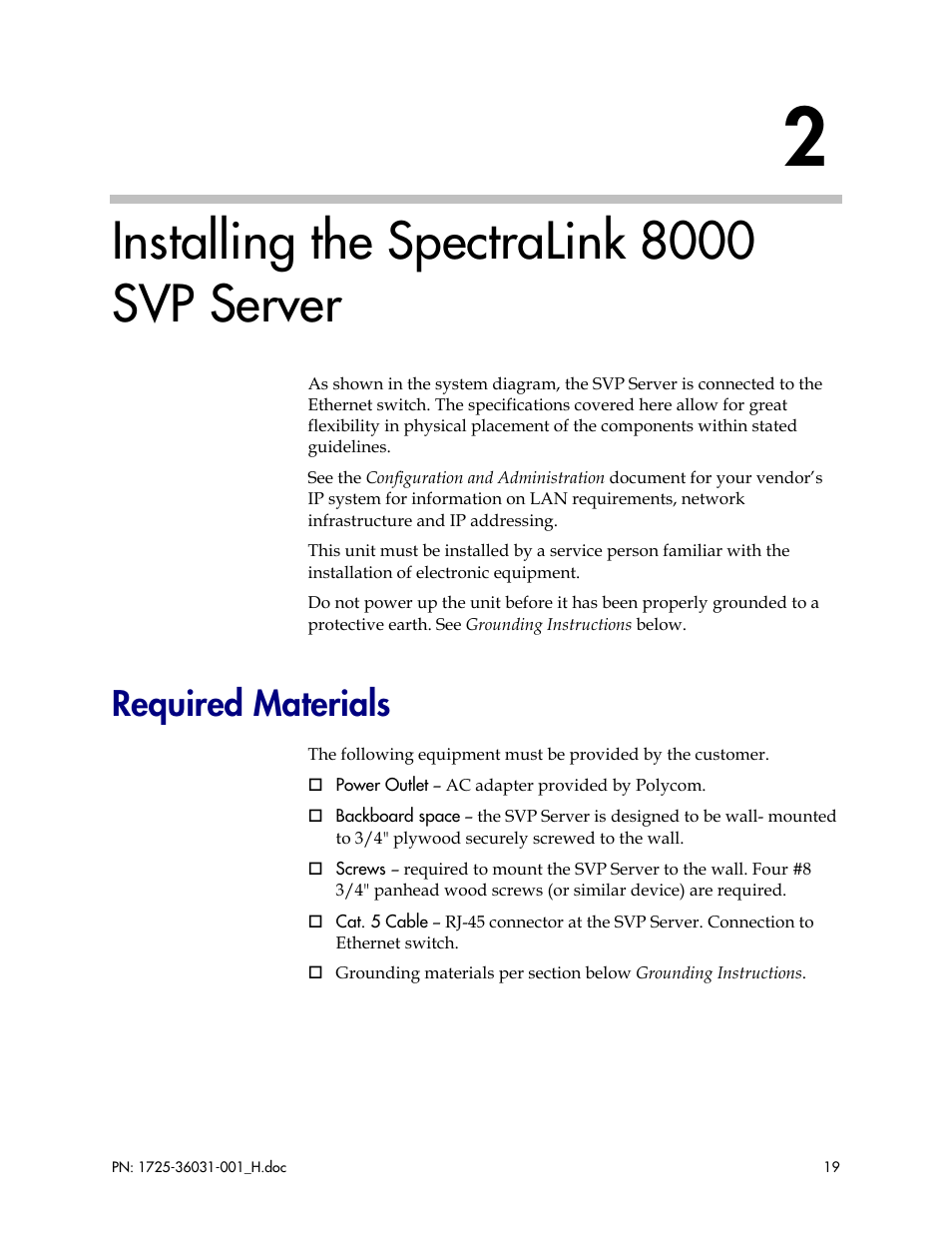 Installing the spectralink 8000 svp server, Required materials | Polycom SVP010 User Manual | Page 19 / 51