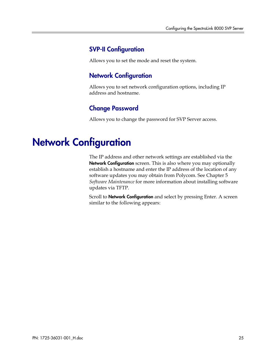 Network configuration | Polycom SVP010 User Manual | Page 25 / 51