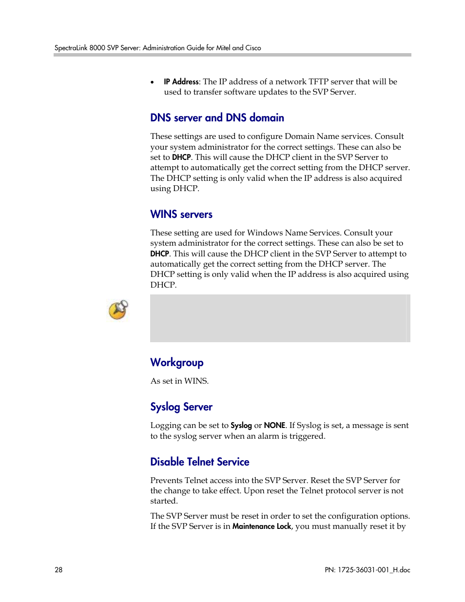 Dns server and dns domain, Wins servers, Workgroup | Syslog server, Disable telnet service | Polycom SVP010 User Manual | Page 28 / 51