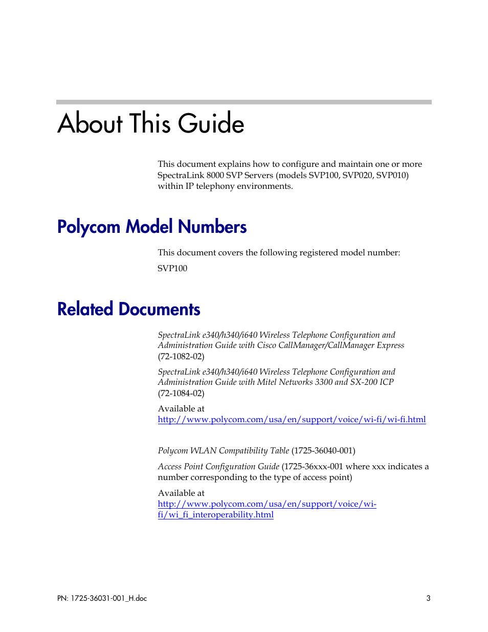 About this guide, Polycom model numbers, Related documents | Polycom SVP010 User Manual | Page 3 / 51