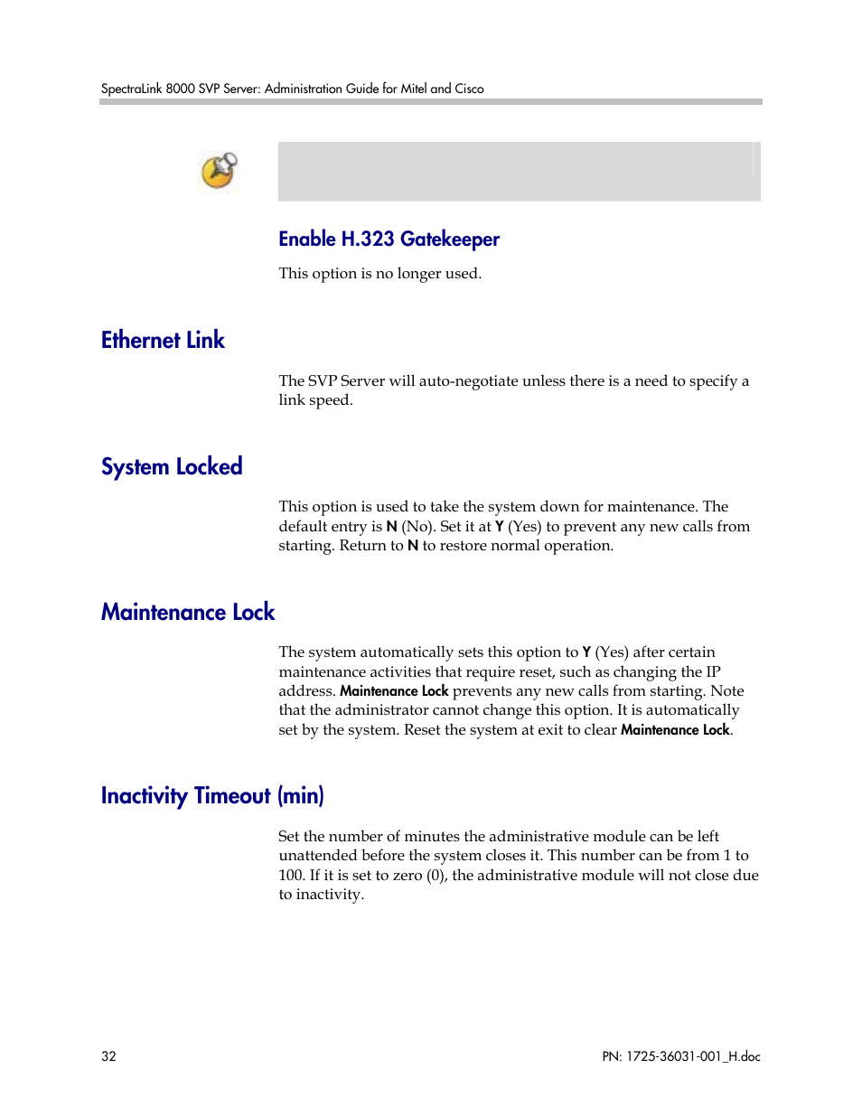 Ethernet link, System locked, Maintenance lock | Inactivity timeout (min), Enable h.323 gatekeeper | Polycom SVP010 User Manual | Page 32 / 51