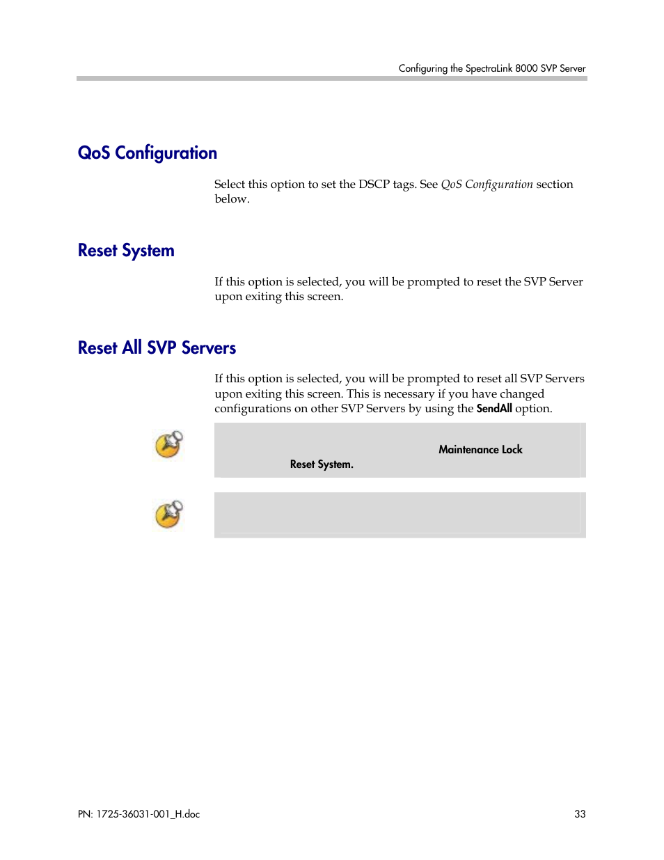 Qos configuration, Reset system, Reset all svp servers | Polycom SVP010 User Manual | Page 33 / 51