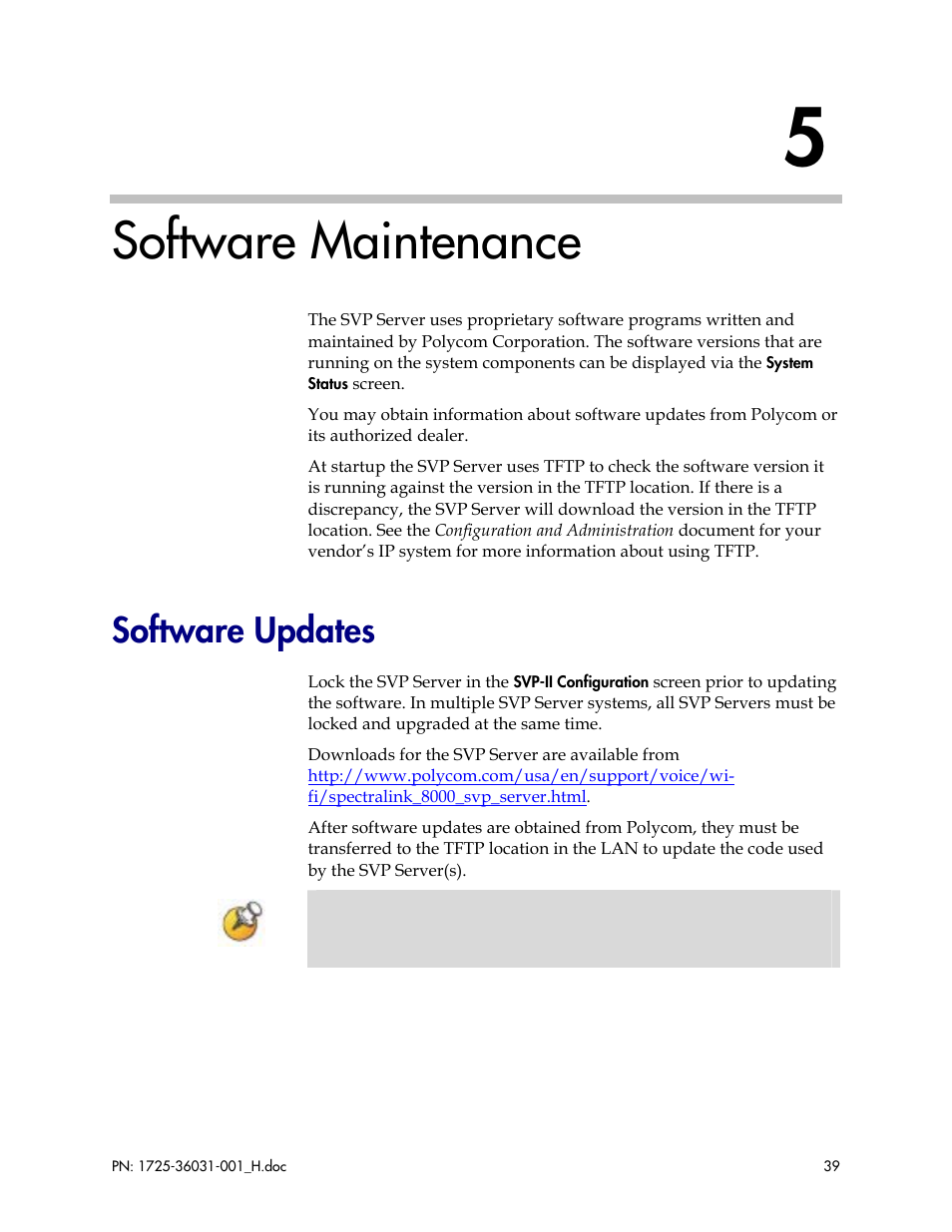 Software maintenance, Software updates | Polycom SVP010 User Manual | Page 39 / 51