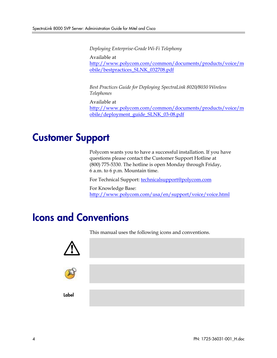 Customer support, Icons and conventions | Polycom SVP010 User Manual | Page 4 / 51