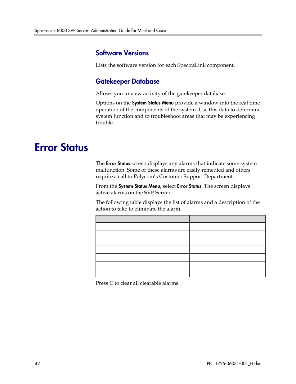 Error status, Software versions, Gatekeeper database | Polycom SVP010 User Manual | Page 42 / 51