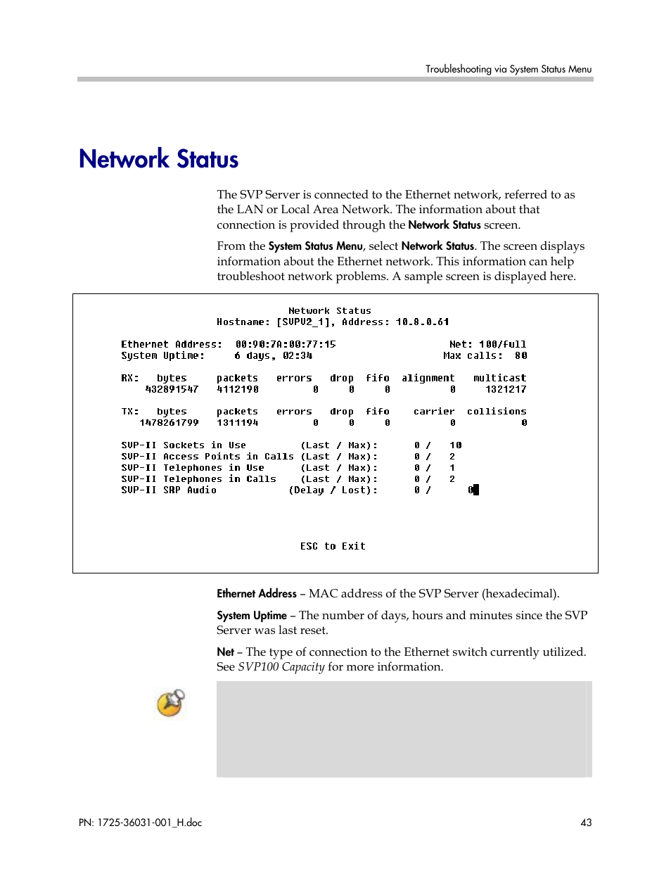 Network status | Polycom SVP010 User Manual | Page 43 / 51