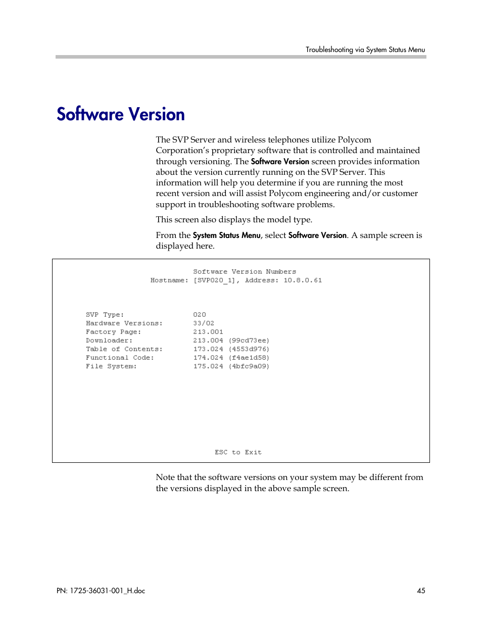 Software version | Polycom SVP010 User Manual | Page 45 / 51