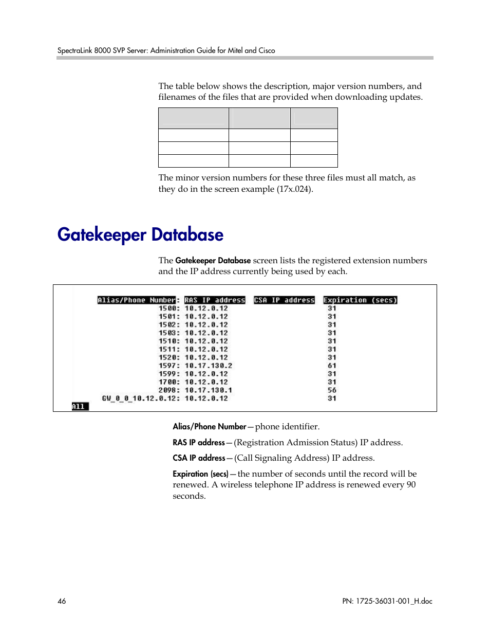 Gatekeeper database, Software version | Polycom SVP010 User Manual | Page 46 / 51