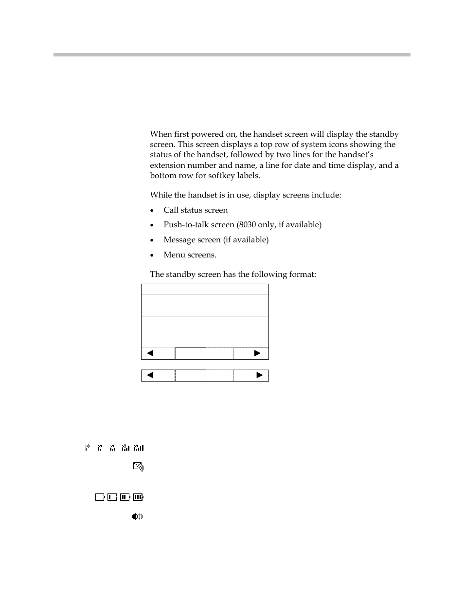 The handset display, Status icons | Polycom SpectraLink 1725-36203-001 User Manual | Page 14 / 65