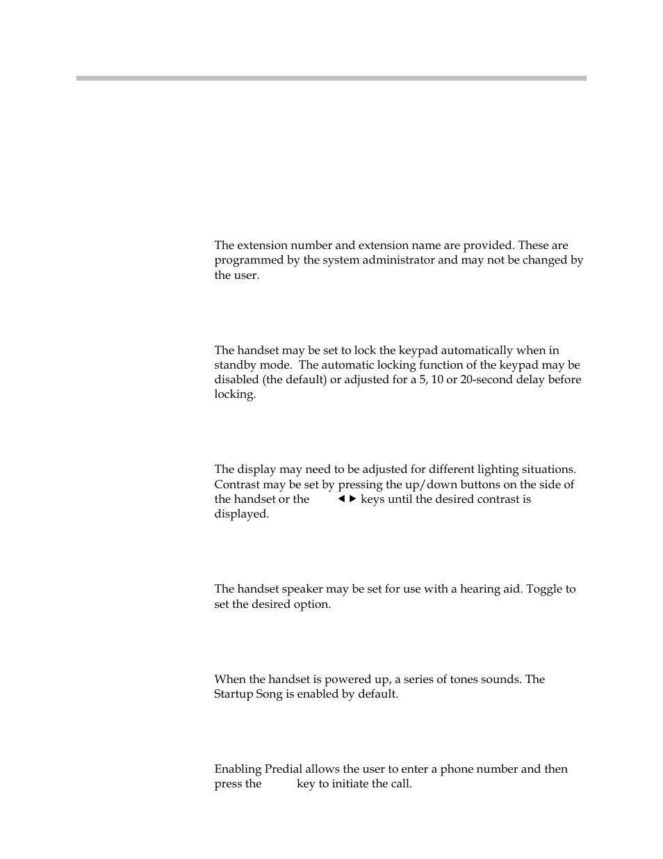 Phone settings, Extension info, Keypad autolock | Display contrast, Use hearing aid, Startup song play/inhibit, Predial | Polycom SpectraLink 1725-36203-001 User Manual | Page 28 / 65