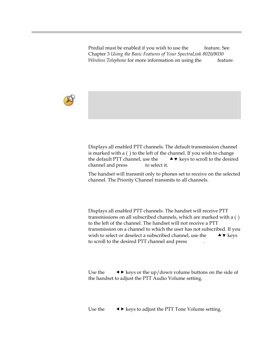 Push-to-talk (ptt), Default channel, Subscribed channels | Ptt audio volume, Ptt tone volume | Polycom SpectraLink 1725-36203-001 User Manual | Page 29 / 65