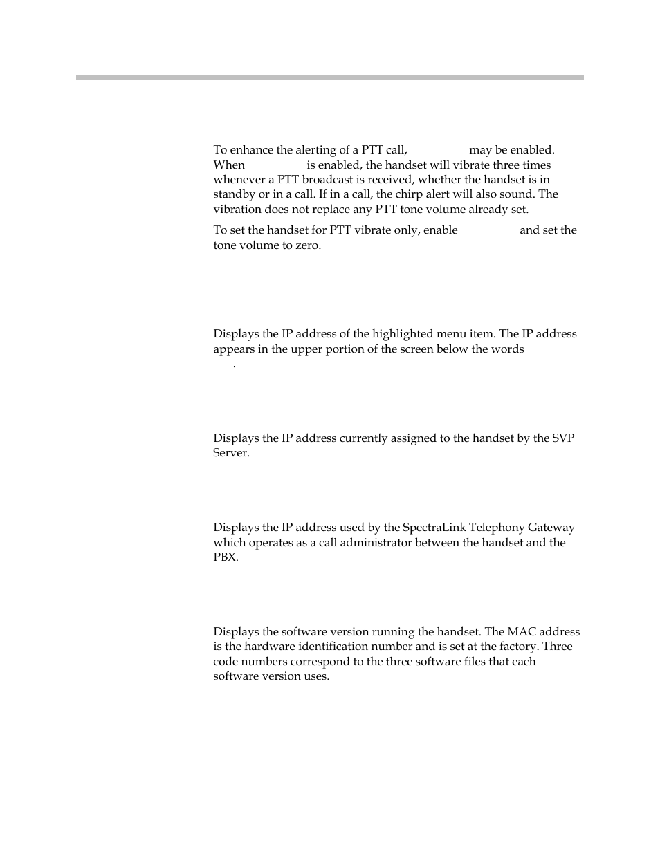 Ptt vibrate, System info, Phone ip address | Gateway ip address, Firmware version | Polycom SpectraLink 1725-36203-001 User Manual | Page 30 / 65