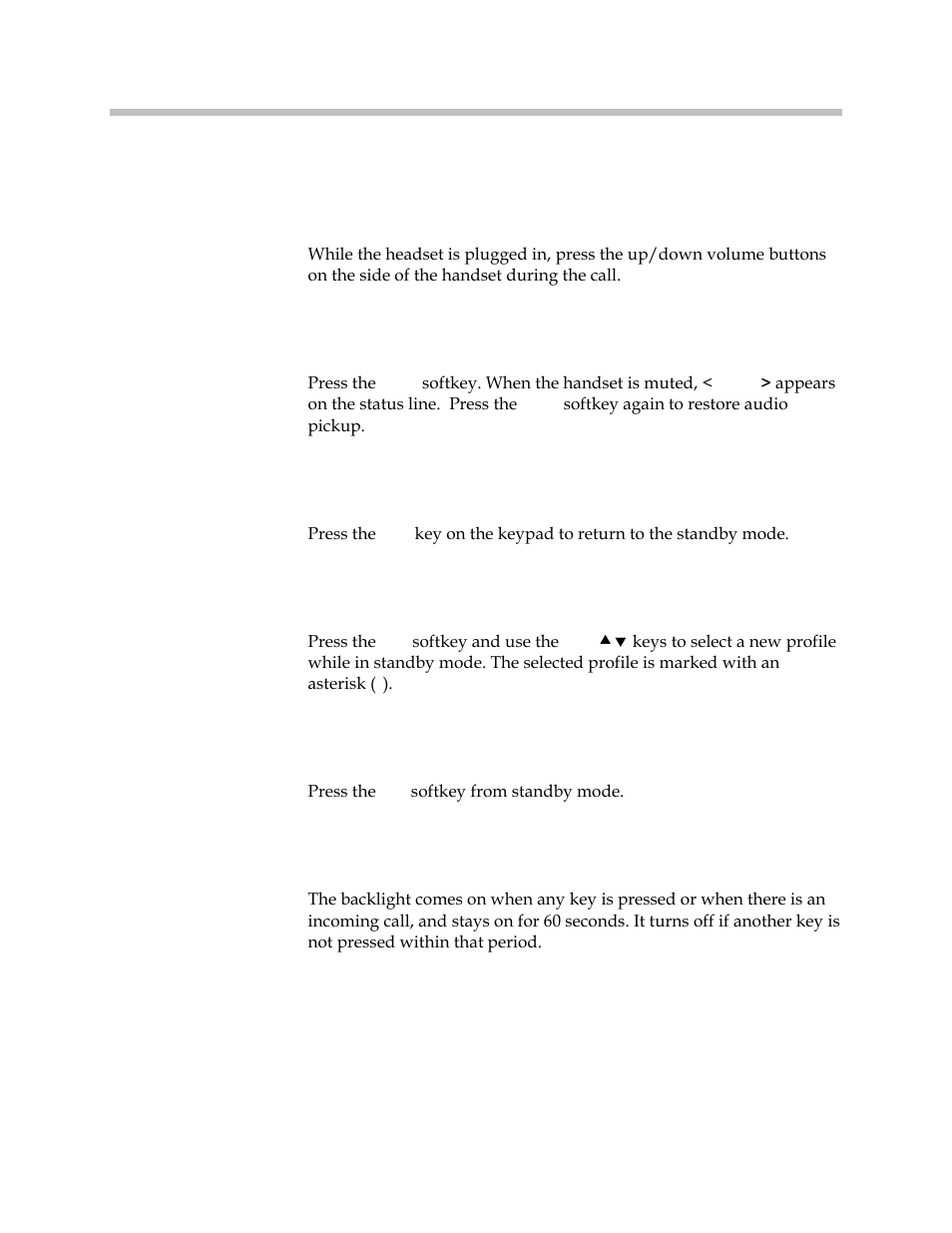 Adjust the headset volume, Mute/unmute a call, End a call | Change the profile, Open the config menu, Turn on the backlight | Polycom SpectraLink 1725-36203-001 User Manual | Page 38 / 65