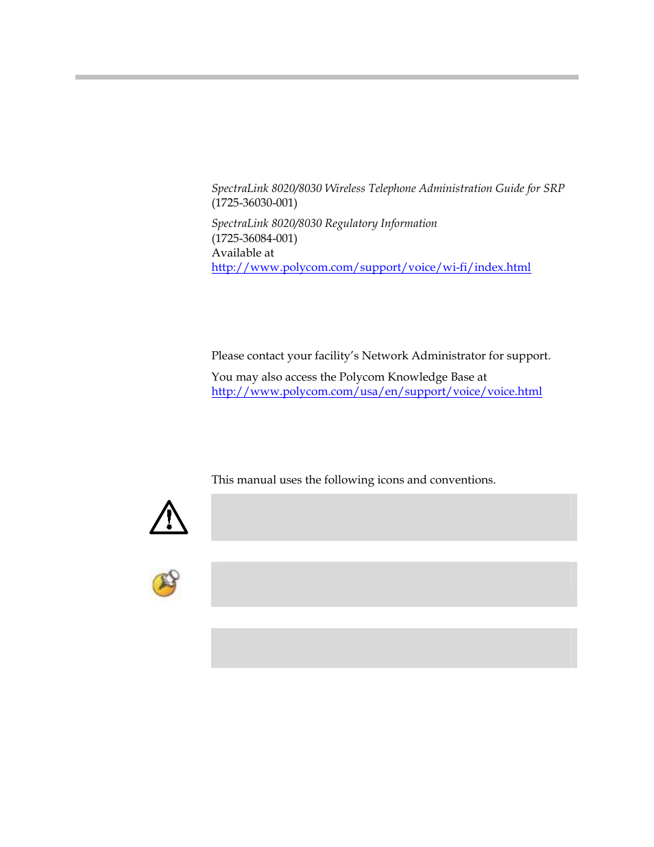 Related documents, Customer support, Icons and conventions | Polycom SpectraLink 1725-36203-001 User Manual | Page 4 / 65