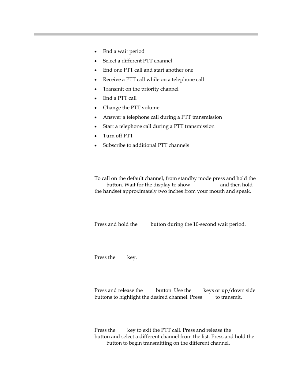 Make a ptt call, Respond to a ptt call, End a wait period | Select a different ptt channel | Polycom SpectraLink 1725-36203-001 User Manual | Page 46 / 65