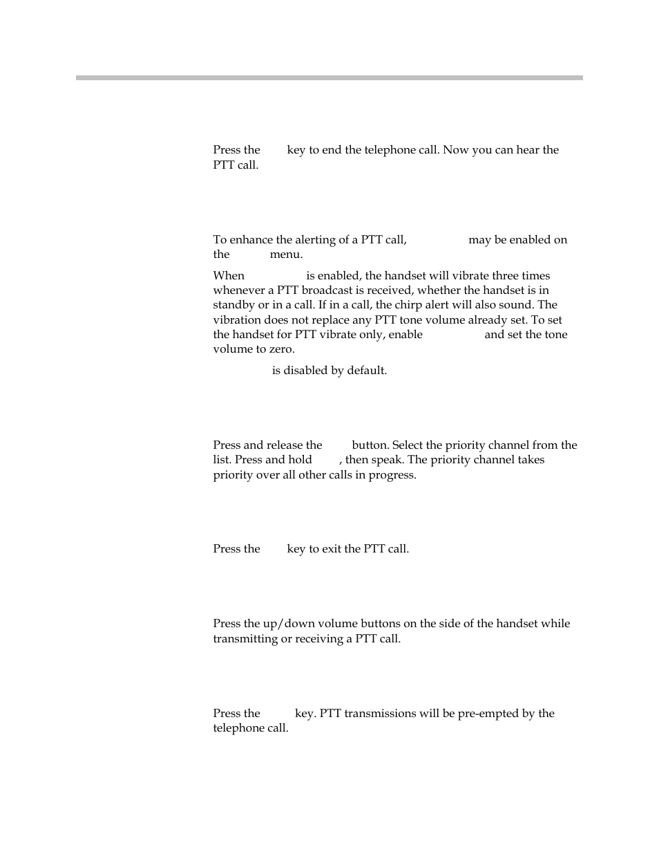Receive a ptt call while on a telephone call, Use ptt vibrate, Transmit on the priority channel | End a ptt call, Change the ptt volume, Answer a telephone call during a ptt transmission | Polycom SpectraLink 1725-36203-001 User Manual | Page 47 / 65