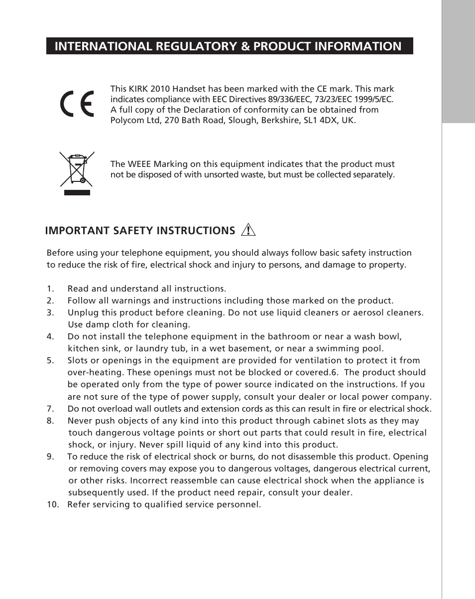 International regulatory & product information | Polycom KIRK 2010 User Manual | Page 17 / 20