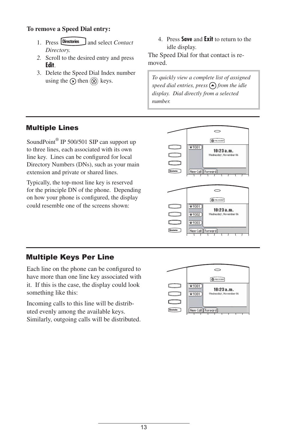 Multiple lines, Multiple keys per line, Edit | Exit, The speed dial for that contact is re- moved, Press, Delete the speed dial index number using the, Then, Keys. 4. press save and, Soundpoint | Polycom IP500 User Manual | Page 16 / 28