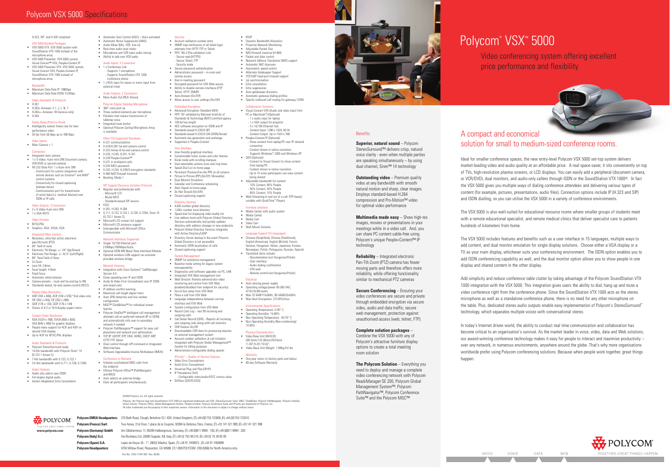 Polycom, Polycom vsx 5000 specifications | Polycom VSX 5000 User Manual | Page 2 / 2
