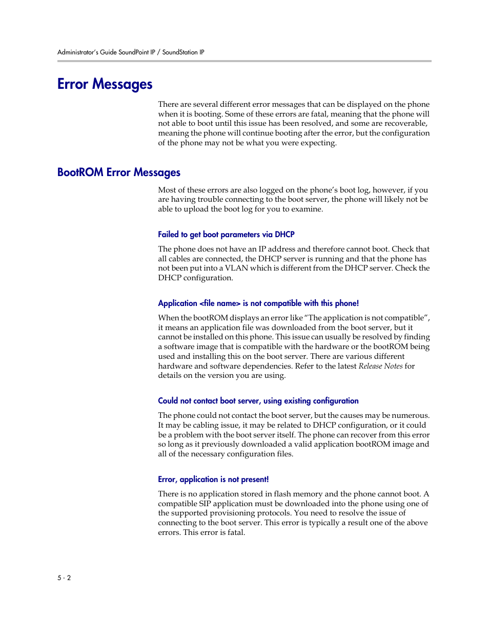 Error messages, Bootrom error messages, Error messages –2 | Bootrom error messages –2 | Polycom SOUNDPOINT SIP 2.2.0 User Manual | Page 100 / 254