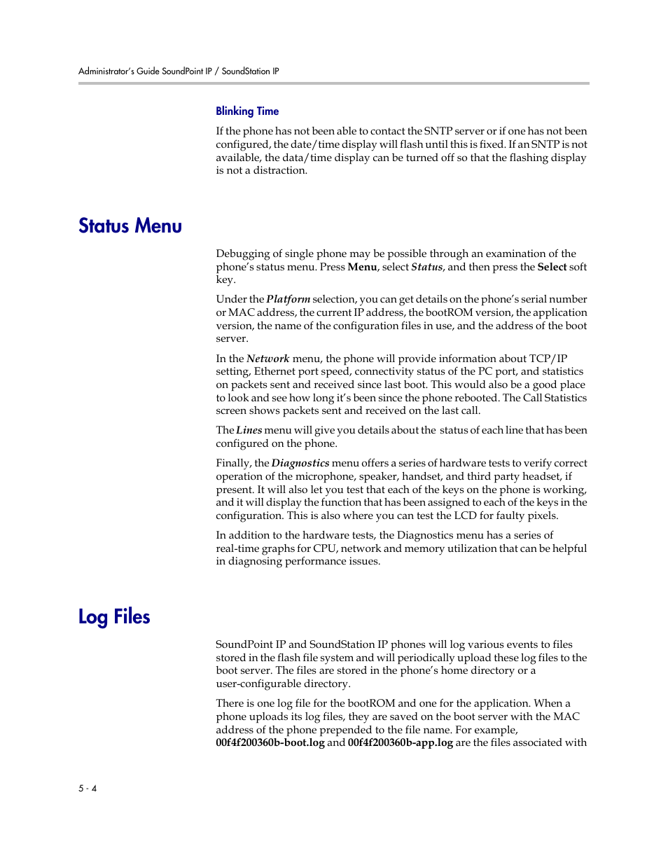 Status menu, Log files, Status menu –4 log files –4 | Polycom SOUNDPOINT SIP 2.2.0 User Manual | Page 102 / 254