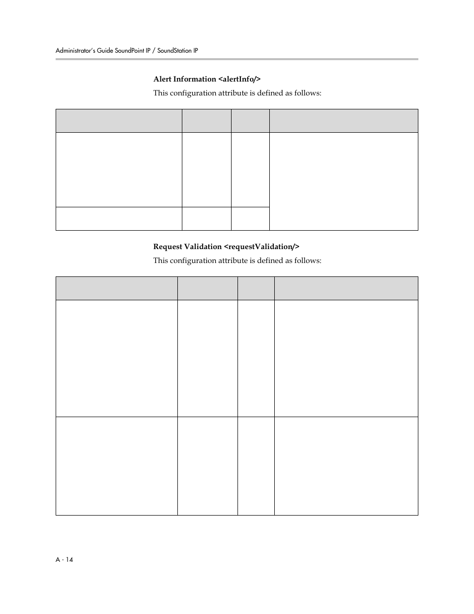 Alert information <alertinfo, A-14, Request validation | Requestvalidation, Request validation <requestvalidation | Polycom SOUNDPOINT SIP 2.2.0 User Manual | Page 126 / 254