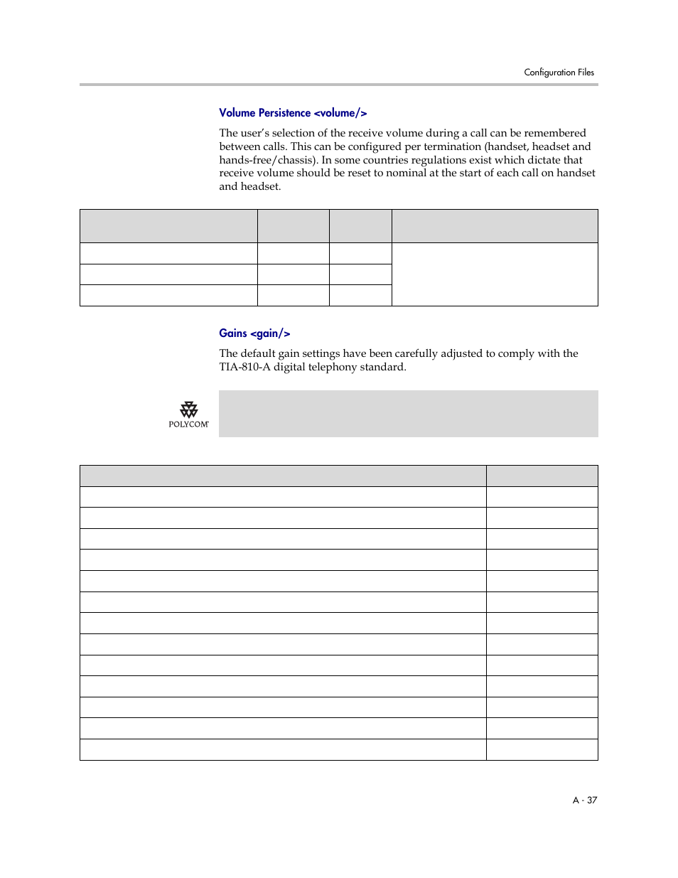 For more information, refer to, Volume persistence <volume, A-37 | Gains <gain | Polycom SOUNDPOINT SIP 2.2.0 User Manual | Page 149 / 254