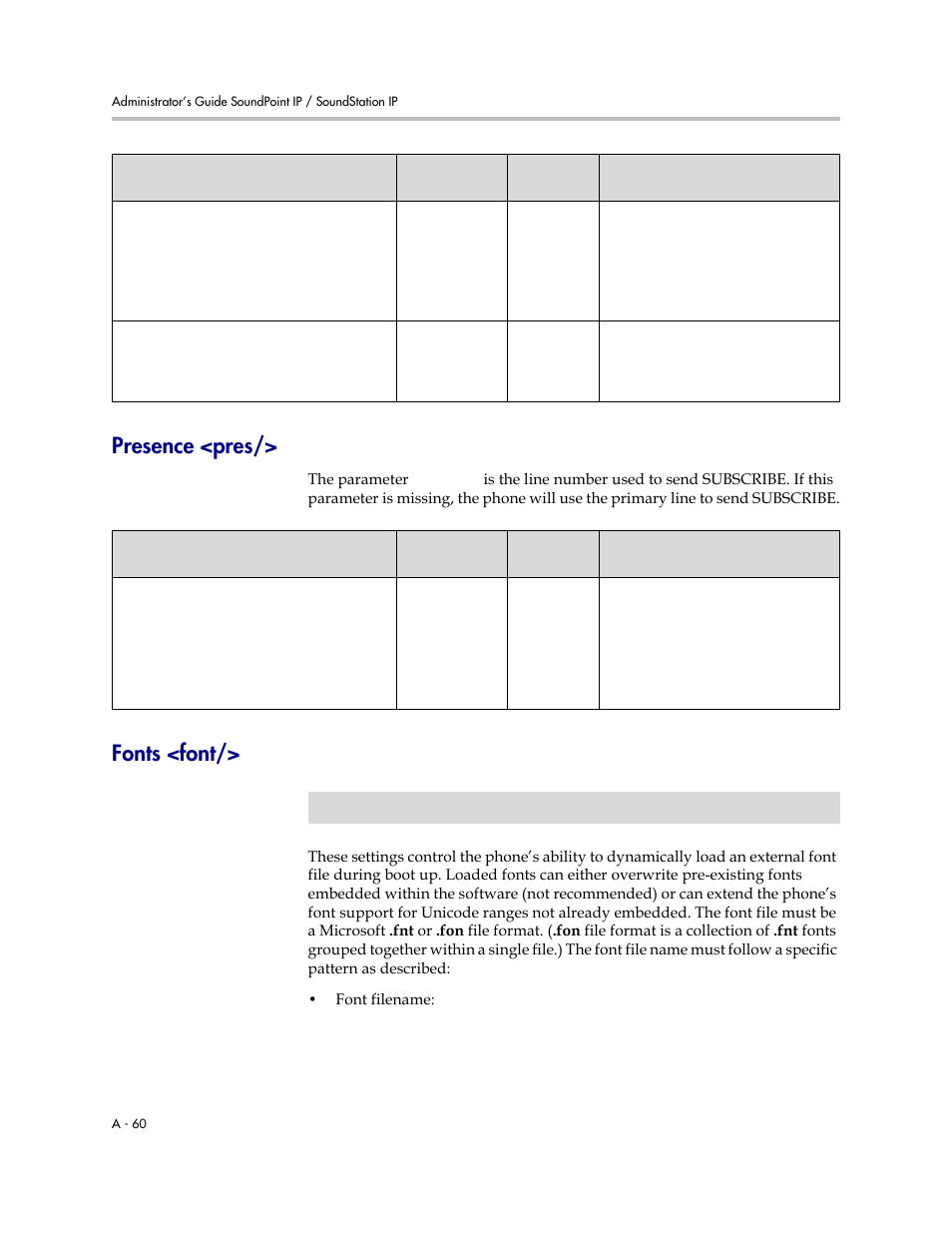 Presence <pres, Fonts <font, A-60 | Polycom SOUNDPOINT SIP 2.2.0 User Manual | Page 172 / 254