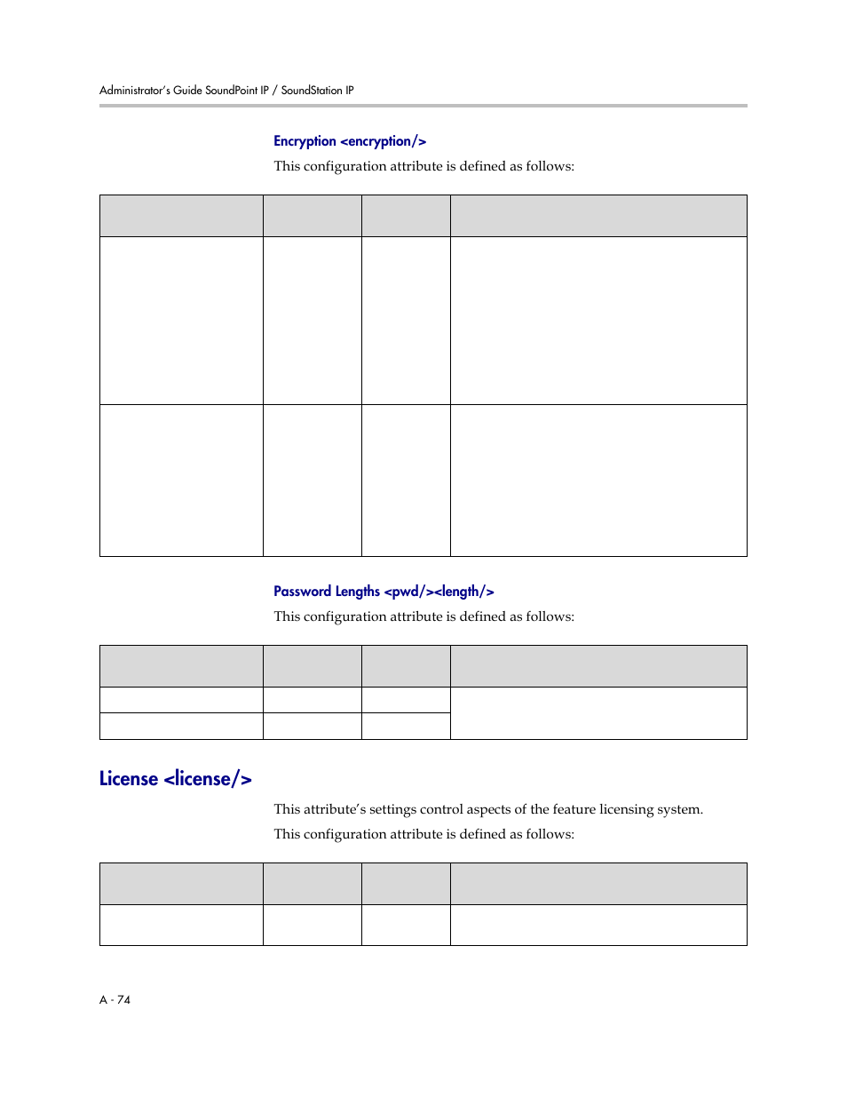 License <license, Password lengths, Pwd/><length | A-74, Encryption <encryption | Polycom SOUNDPOINT SIP 2.2.0 User Manual | Page 186 / 254