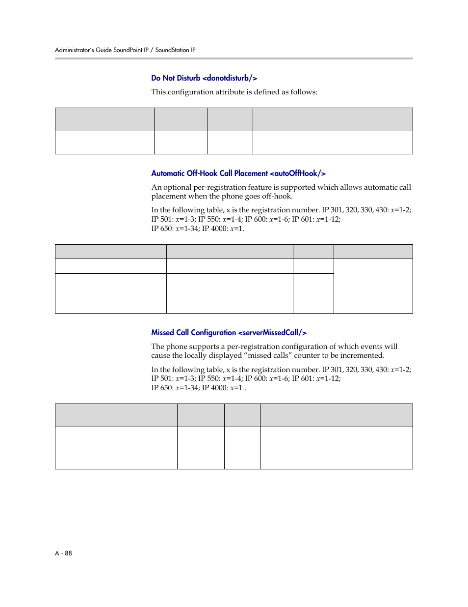 Missed call configuration, Servermissedcall, A-89 | Automatic off-hook call placement, Autooffhook, Do not disturb <donotdisturb, Automatic off-hook call placement <autooffhook, Missed call configuration <servermissedcall | Polycom SOUNDPOINT SIP 2.2.0 User Manual | Page 200 / 254